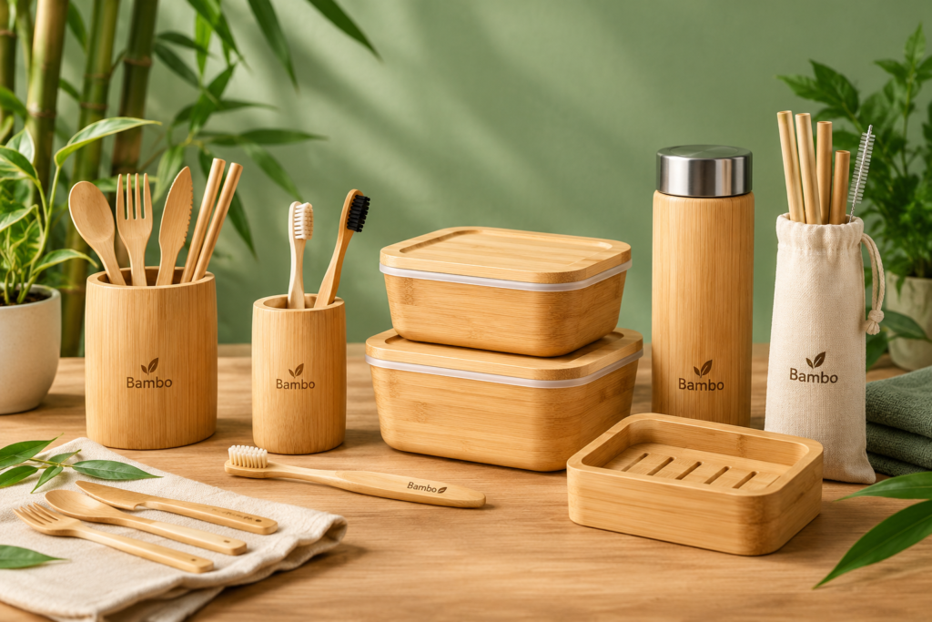 Bambo eco-friendly bamboo products for sustainable lifestyle including kitchen utensils, storage containers, toothbrushes, reusable straws, and home essentials