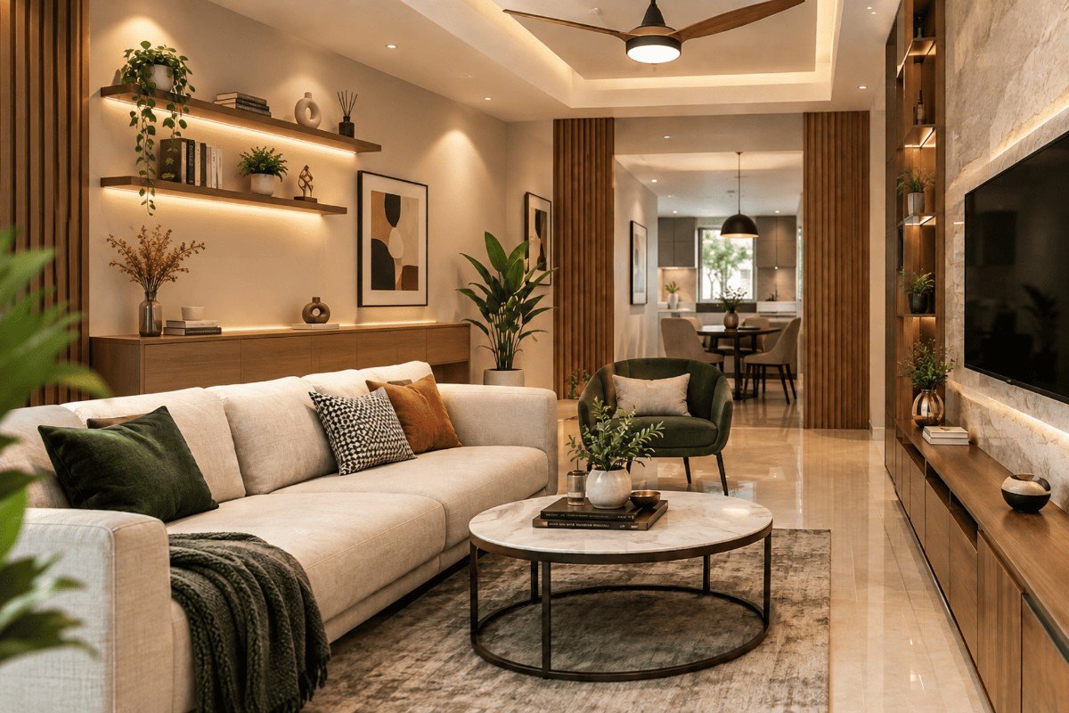 Modern home interior design featuring an elegant living room, contemporary furniture, wooden wall panels, and warm ambient lighting.