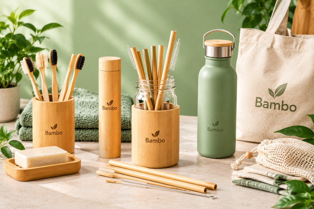 Sustainable bamboo lifestyle products including toothbrushes, reusable straws, water bottle, soap dish, and eco-friendly essentials