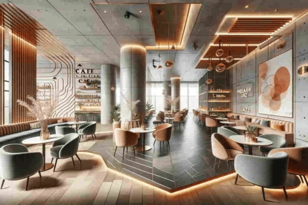 Luxury hotel interior design featuring elegant dining spaces, modern furniture, decorative wooden panels, and ambient lighting.