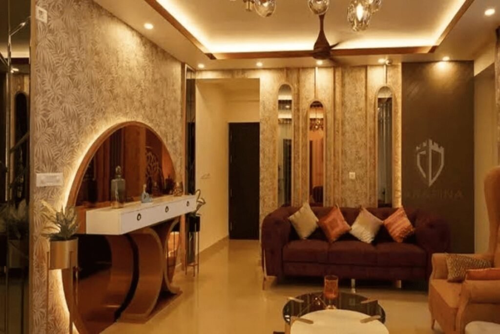 Modern luxury bedroom interior design featuring an elegant upholstered bed, warm lighting, decorative wall panels, and premium furnishings.